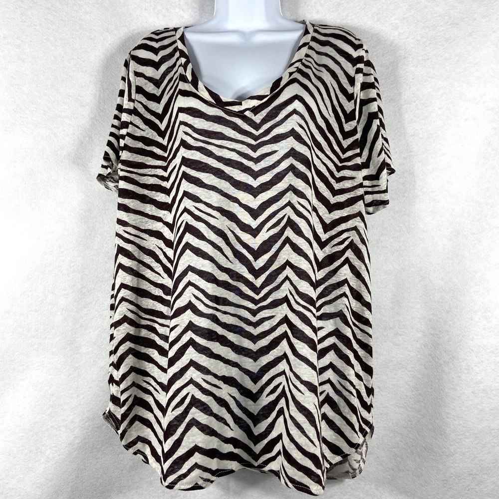Tahari Top Women's‎ 1X Brown White Short Sleeves Zebra Prints 100% Linen New